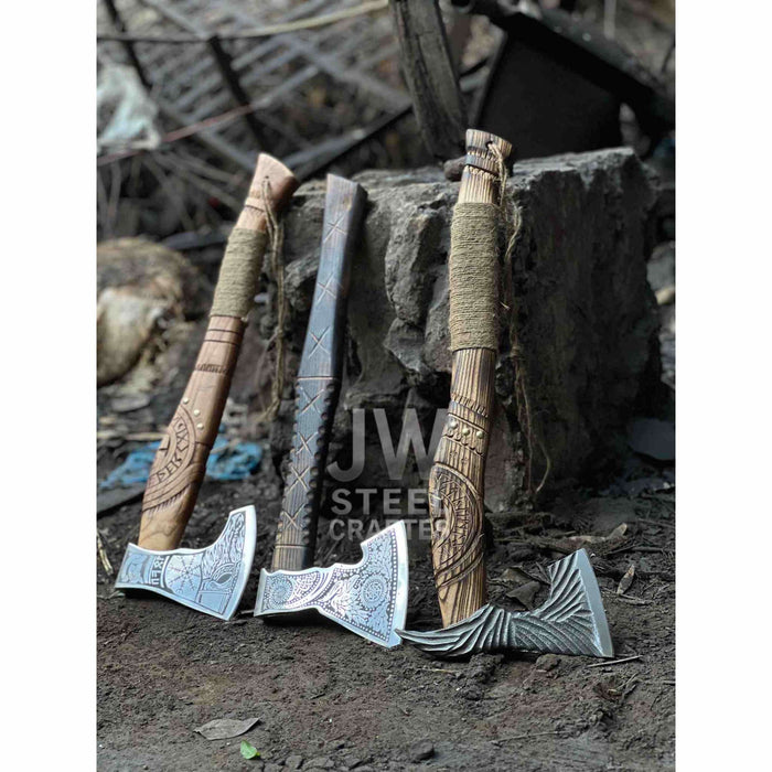 Norse Viking Axe Set with Engraved Steel Heads and Carved Hardwood Handles