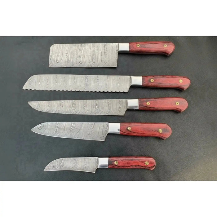 5-Piece Handcrafted Damascus Steel Knife Set: Cleaver, Bread, Chef, Utility, Paring