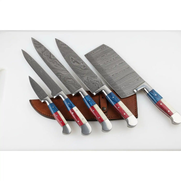 6-Piece Damascus Kitchen Knife Set with Butcher Cleaver — 7 to 13 Inch Blades with Full Tang