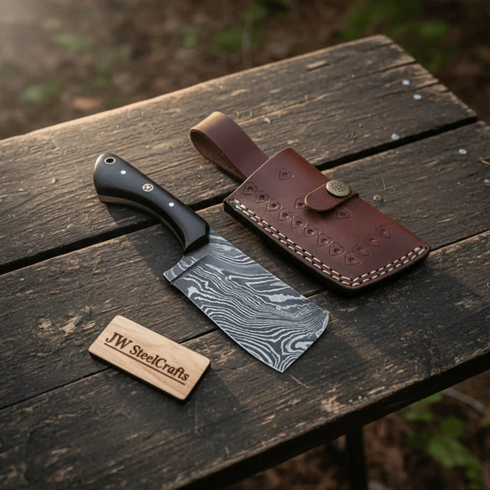 7 Inch EDC Fixed Blade Dagger Knife with Damascus Steel, Black Micarta Handle, Mosaic Pins, Lanyard Hole & Leather Sheath