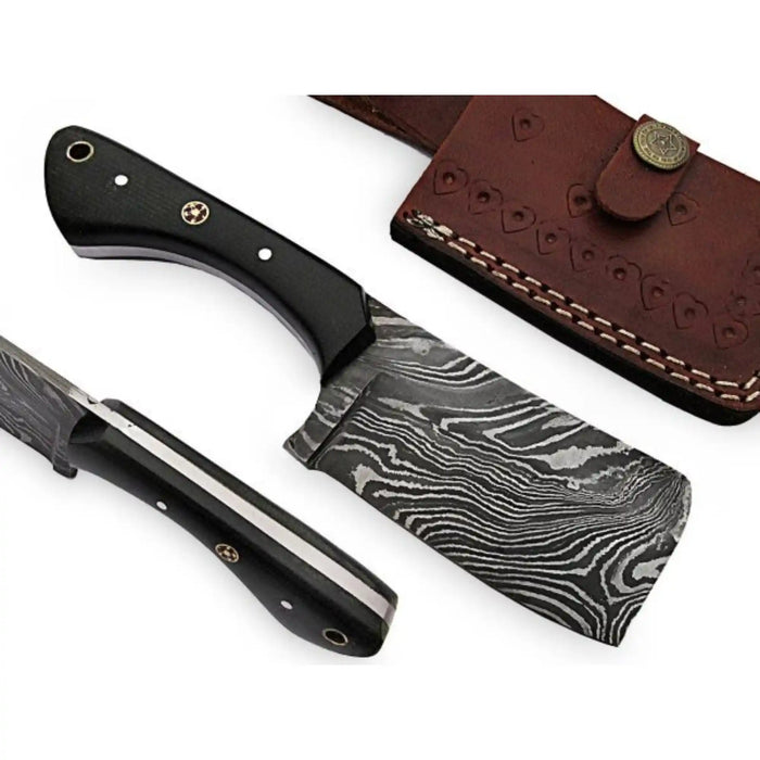 7 Inch EDC Fixed Blade Dagger Knife with Damascus Steel, Black Micarta Handle, Mosaic Pins, Lanyard Hole & Leather Sheath