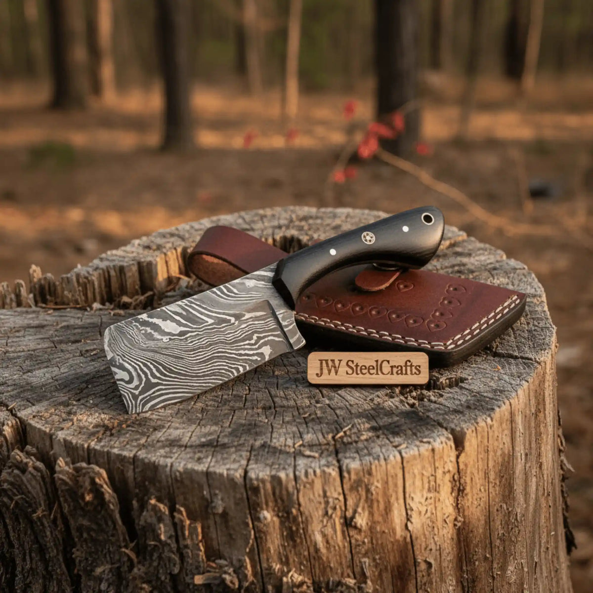 Custom Forged Damascus Mini Butcher Cleaver — Full Tang Black Handle w ...