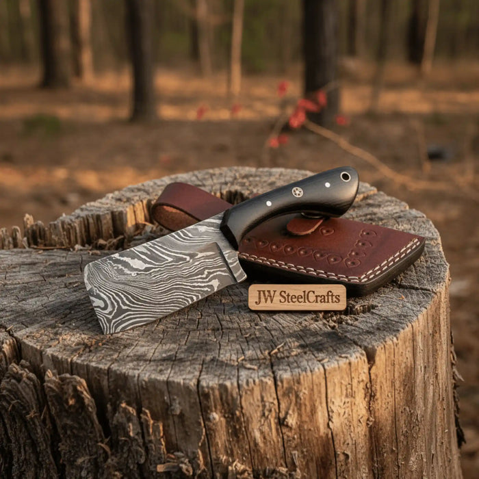 7 Inch EDC Fixed Blade Dagger Knife with Damascus Steel, Black Micarta Handle, Mosaic Pins, Lanyard Hole & Leather Sheath