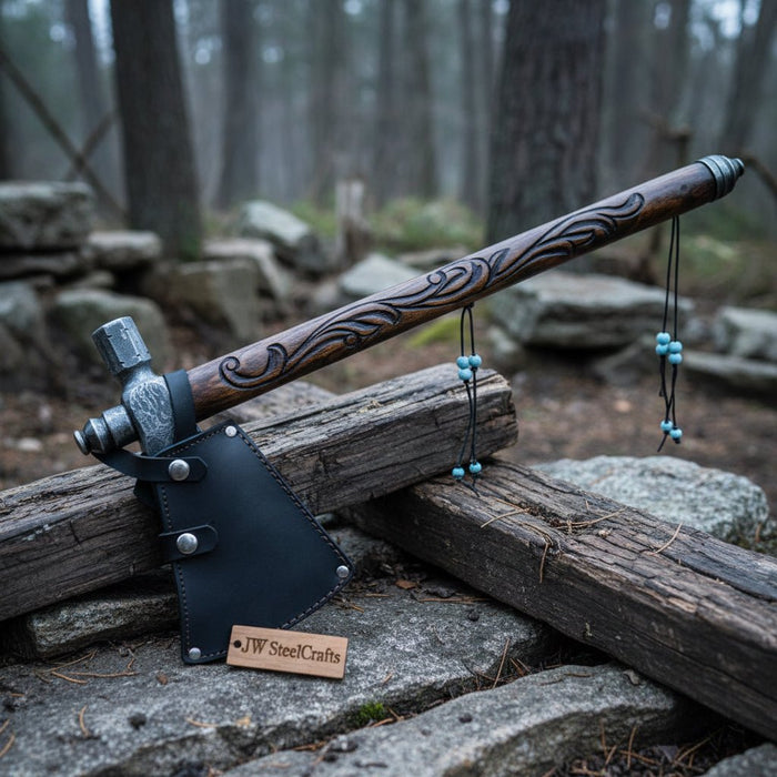 Custom Hand Forged Damascus Steel Smoking Axe – Functional Pipe Axe with Carved Hardwood Shaft