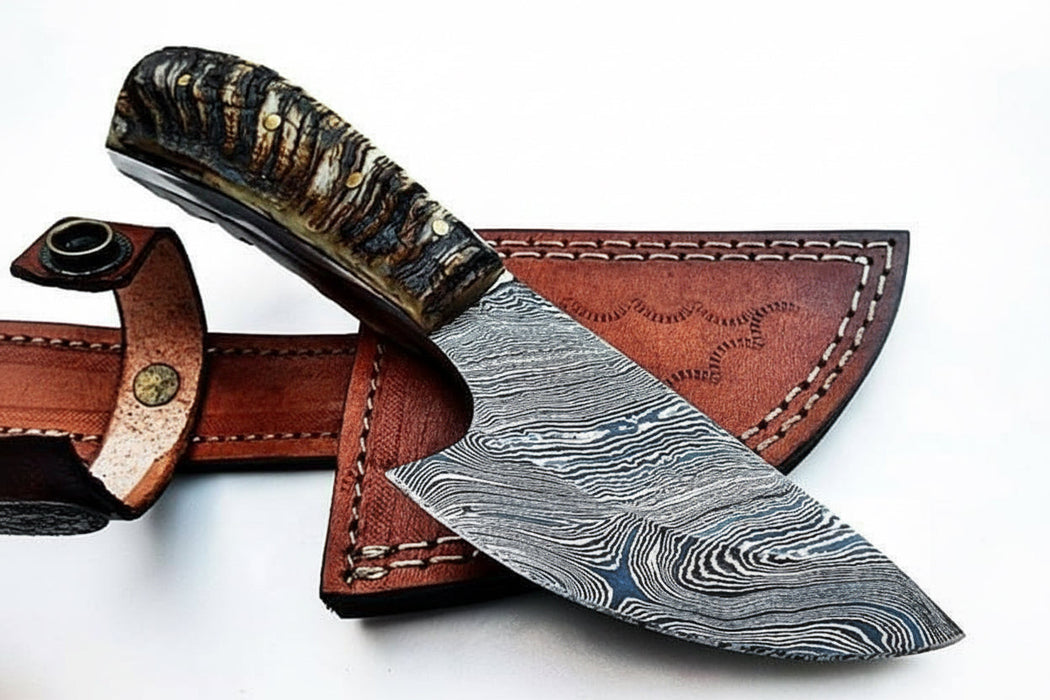 6 Inch Damascus Steel Skinner Knife with Ram Horn Handle and Leather Sheath