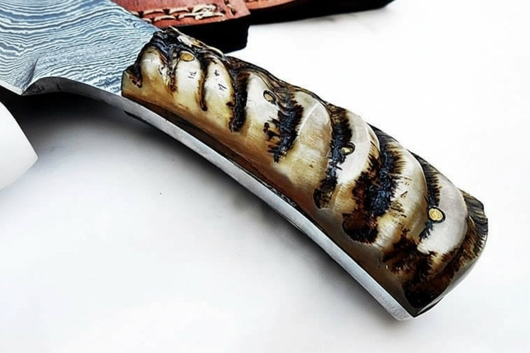 6 Inch Damascus Steel Skinner Knife with Ram Horn Handle and Leather Sheath