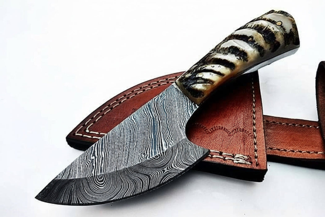 6 Inch Damascus Steel Skinner Knife with Ram Horn Handle and Leather Sheath