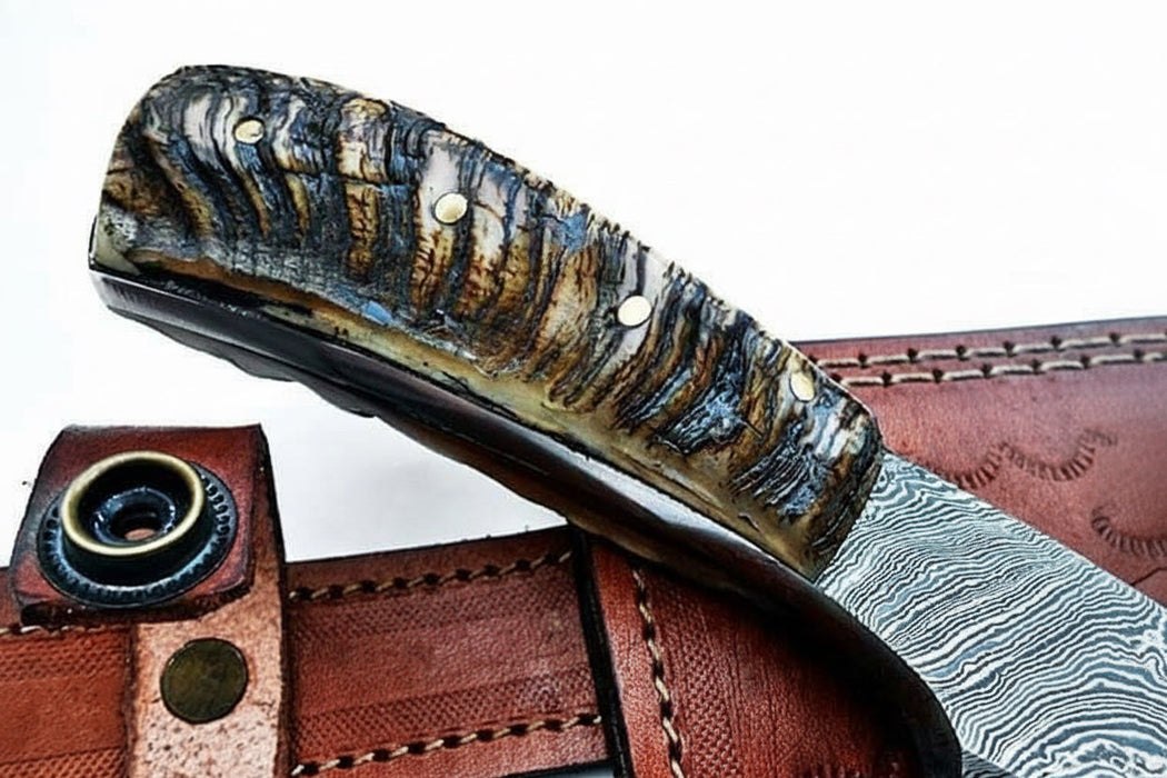 6 Inch Damascus Steel Skinner Knife with Ram Horn Handle and Leather Sheath