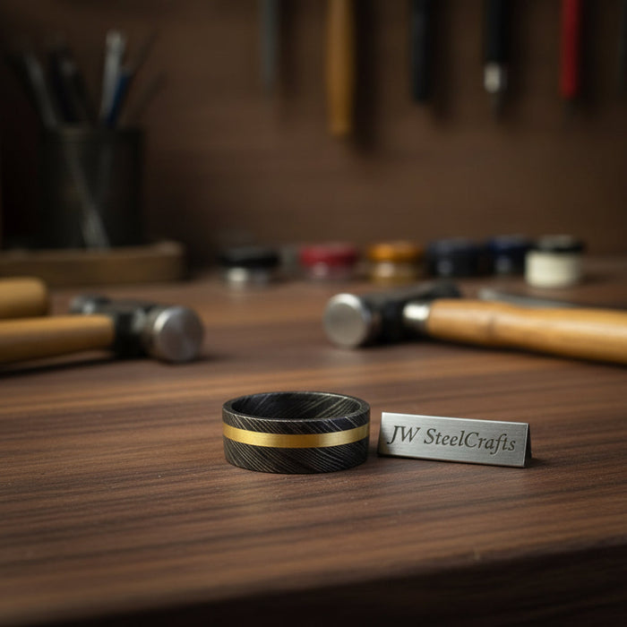 Mens Damascus Steel Wedding Band With Brass Inlay Handmade Ring