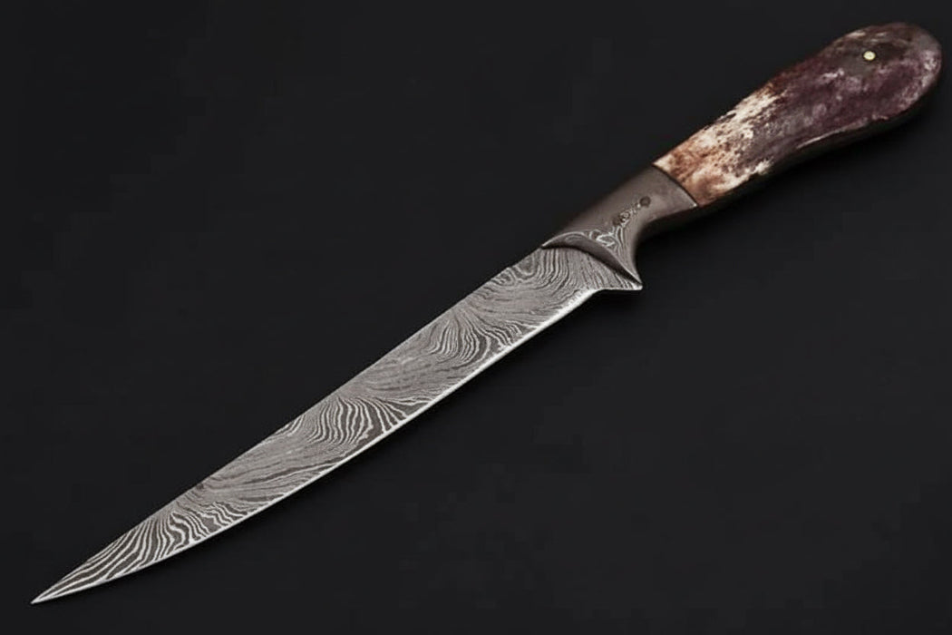 Custom Handmade Damascus Steel Boning Knife With Colour Bone Handle  with Leather Sheath