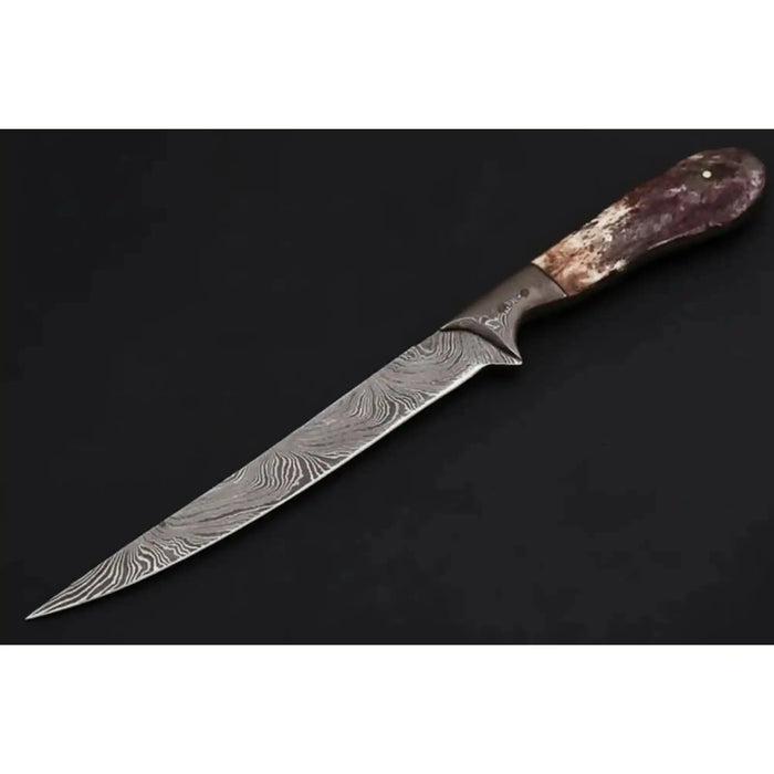 Custom Handmade Damascus Steel Boning Knife With Colour Bone Handle  with Leather Sheath