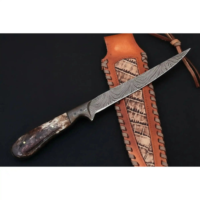 Custom Handmade Damascus Steel Boning Knife With Colour Bone Handle  with Leather Sheath