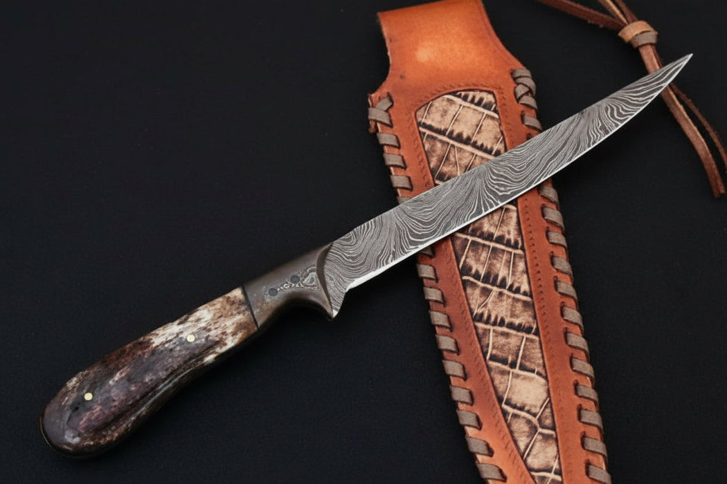 Custom Handmade Damascus Steel Boning Knife With Colour Bone Handle  with Leather Sheath