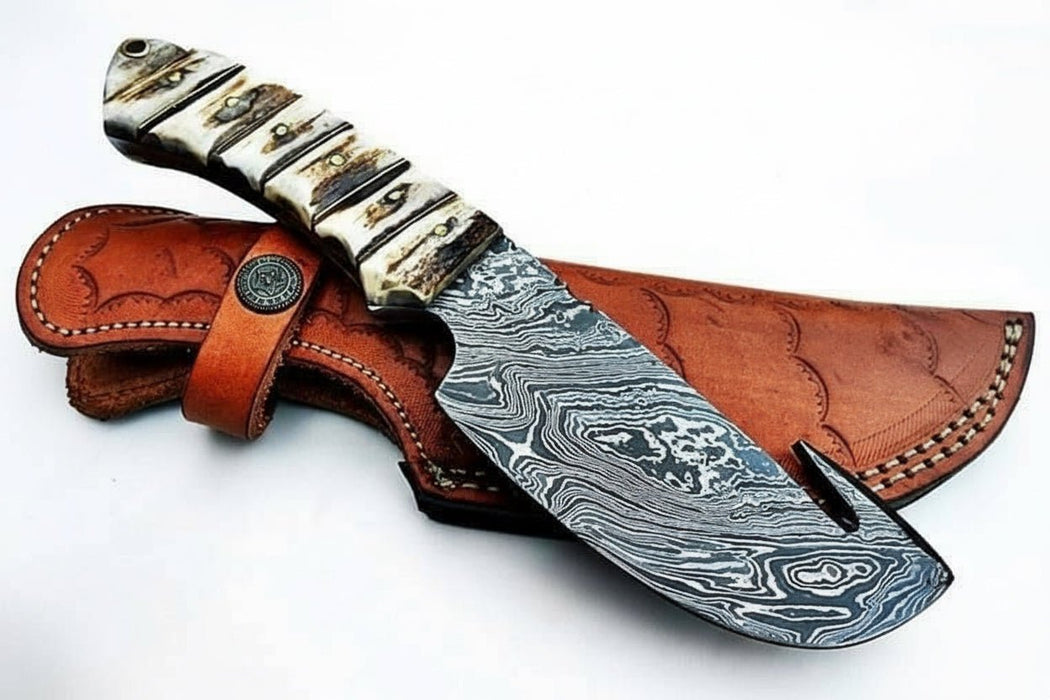 9' Handmade Damascus Skinner Knife with Stag Bone Handle and Gut Hook Blade