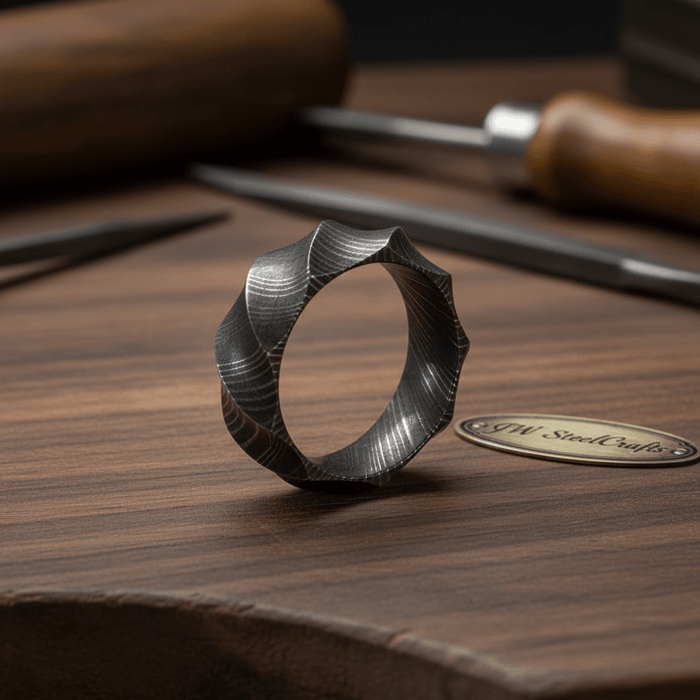 Mens Damascus Steel Faceted Wedding Band Handmade Geometric Ring