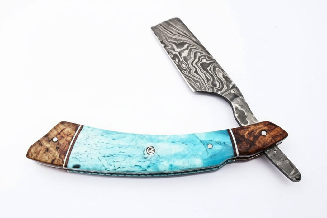 Classic Western Damascus Straight Barber Razor with Blue Bone and Rosewood Handle