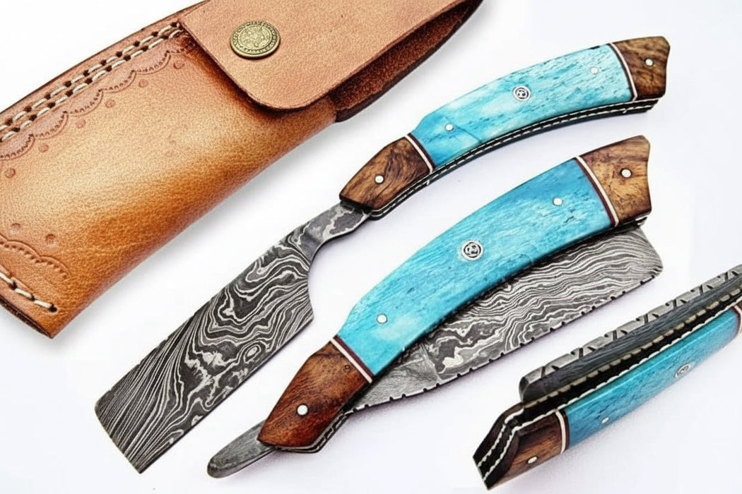 Classic Western Damascus Straight Barber Razor with Blue Bone and Rosewood Handle