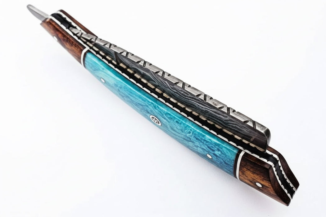 Classic Western Damascus Straight Barber Razor with Blue Bone and Rosewood Handle