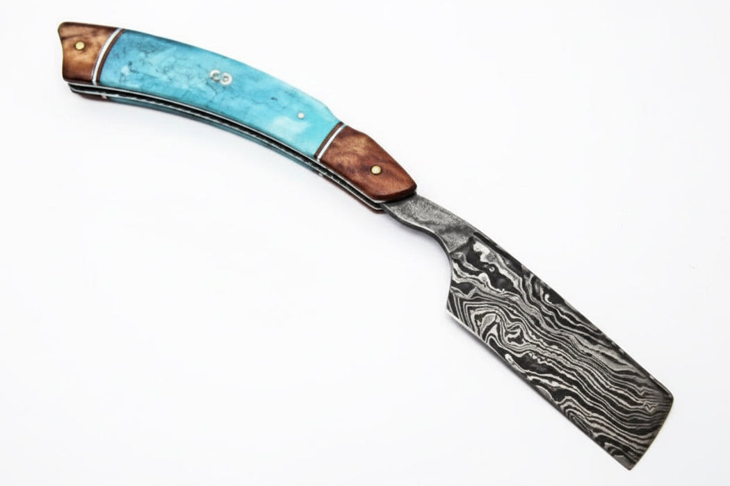 Classic Western Damascus Straight Barber Razor with Blue Bone and Rosewood Handle