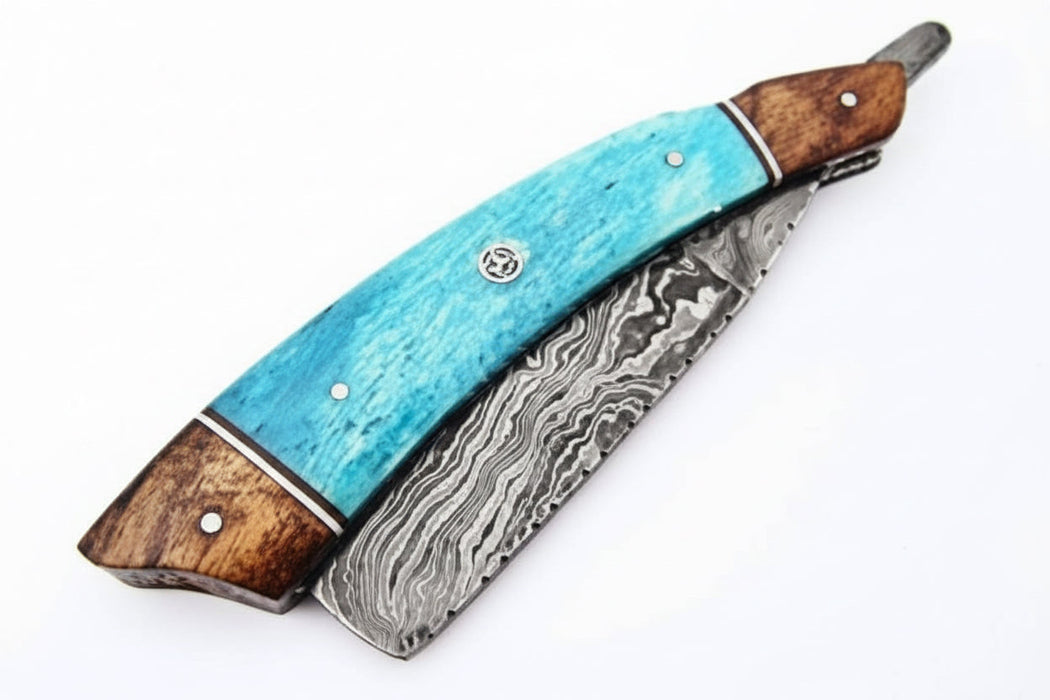 Classic Western Damascus Straight Barber Razor with Blue Bone and Rosewood Handle
