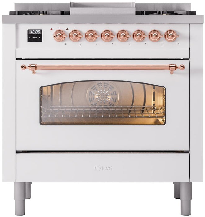 ILVE Nostalgie II 36" Dual Fuel Natural Gas Range, White, Copper Trim UP36FNMPWHP