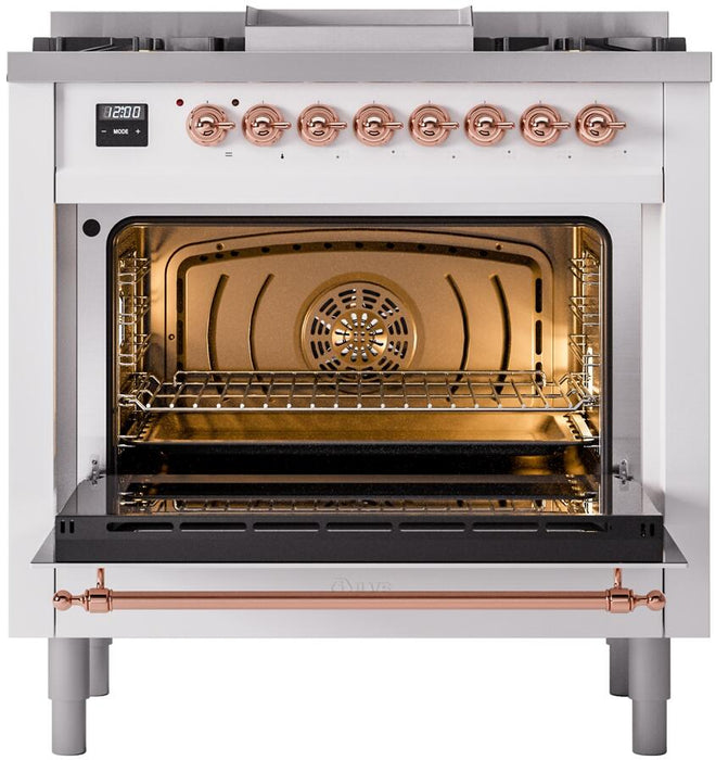 ILVE Nostalgie II 36" Dual Fuel Natural Gas Range, White, Copper Trim UP36FNMPWHP