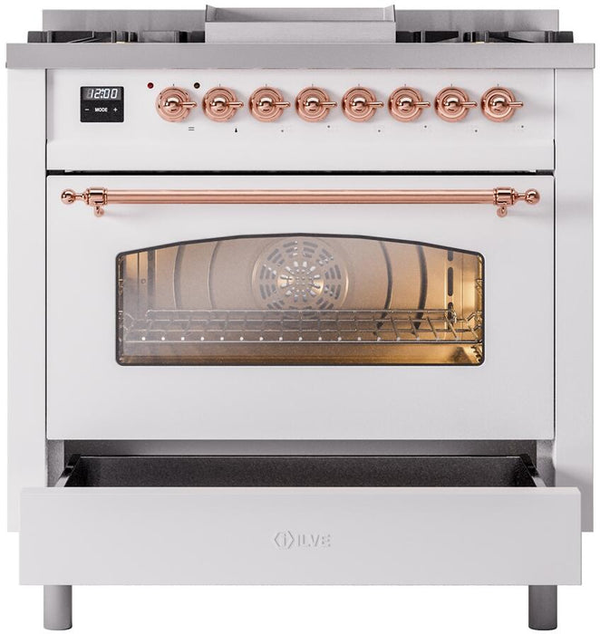 ILVE Nostalgie II 36" Dual Fuel Natural Gas Range, White, Copper Trim UP36FNMPWHP