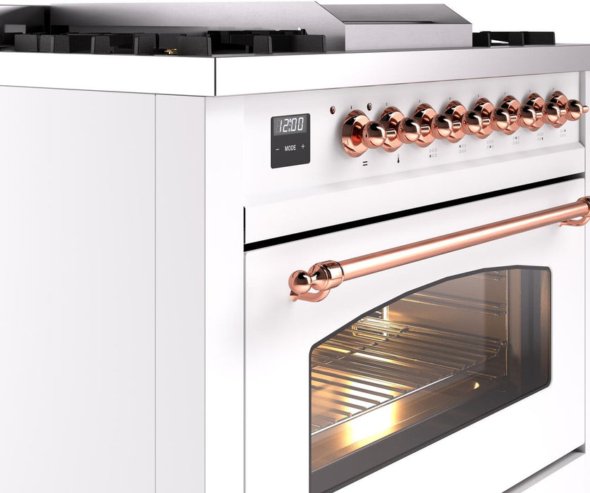 ILVE Nostalgie II 36" Dual Fuel Natural Gas Range, White, Copper Trim UP36FNMPWHP