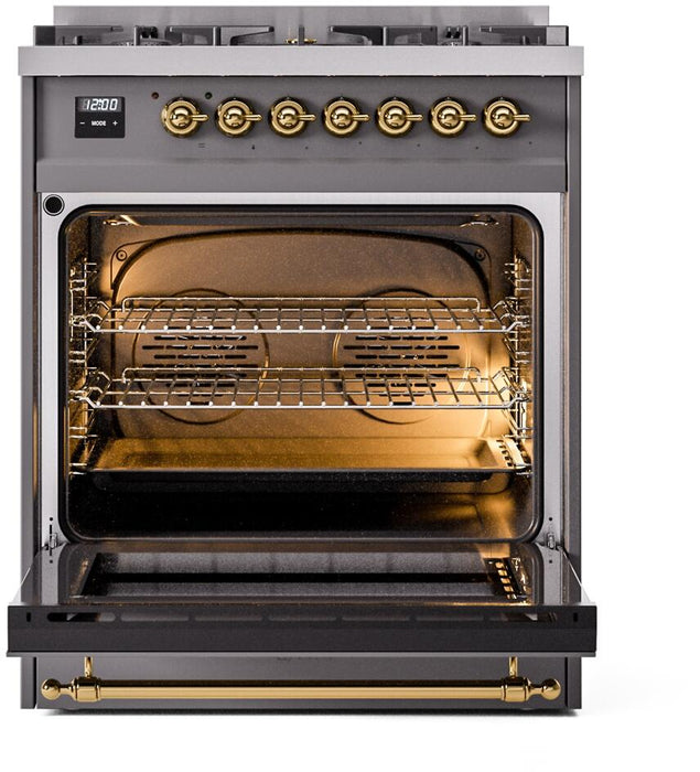 ILVE Nostalgie II 30" Dual Fuel Liquid Propane Range, Matte Graphite, Brass Trim ILVE UP30NMPMGGLP