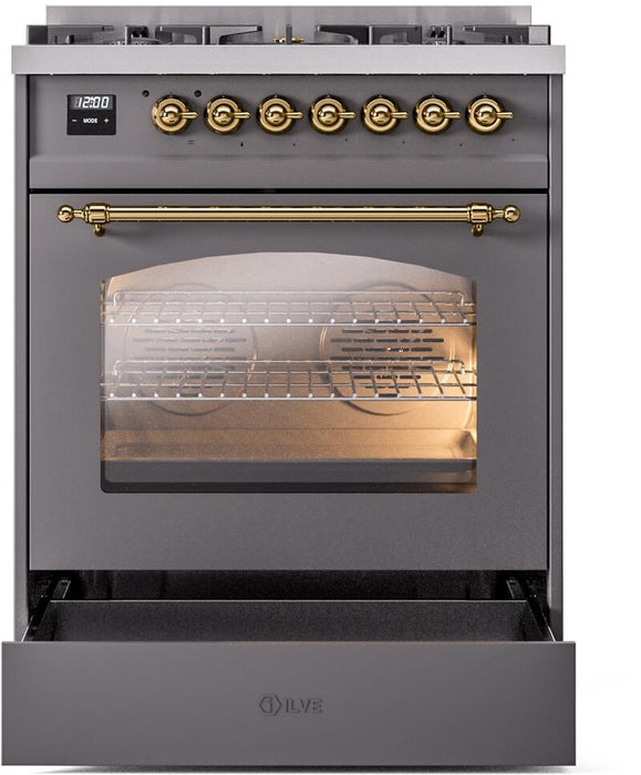 ILVE Nostalgie II 30" Dual Fuel Liquid Propane Range, Matte Graphite, Brass Trim ILVE UP30NMPMGGLP