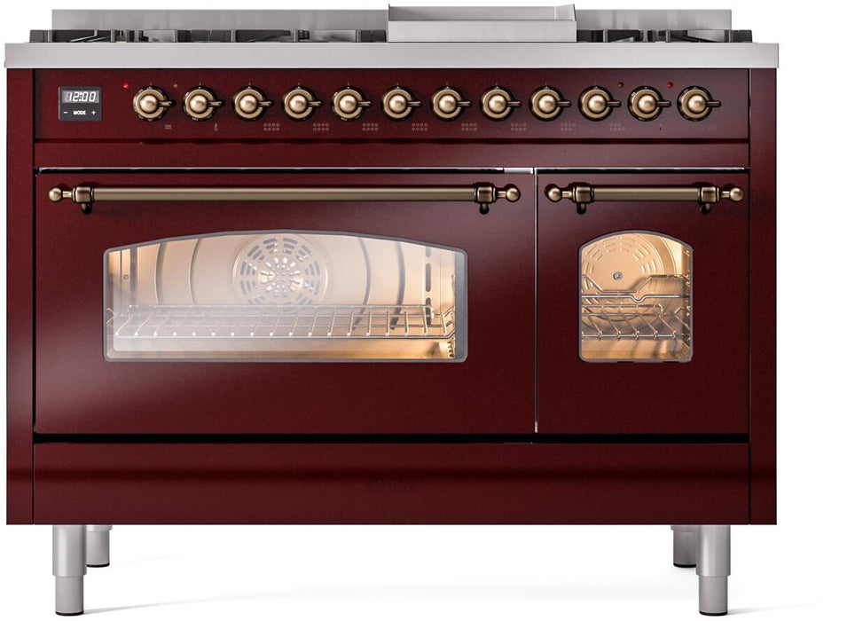 ILVE Nostalgie II 48" Dual Fuel Liquid Propane Range, Burgundy, Bronze Trim ILVE UP48FNMPBUBLP