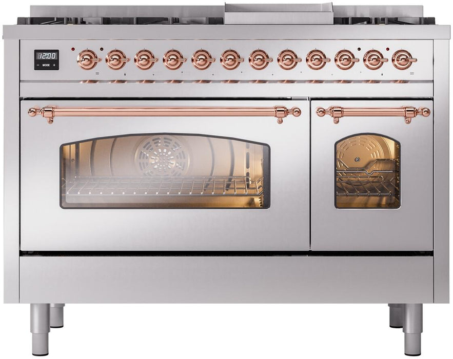 ILVE Nostalgie II 48" Dual Fuel Natural Gas Range, Stainless Steel, Copper Trim UP48FNMPSSP