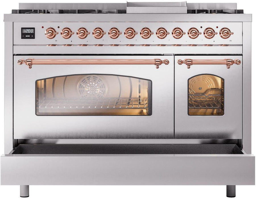 ILVE Nostalgie II 48" Dual Fuel Liquid Propane Range, Stainless Steel, Copper Trim UP48FNMPSSPLP