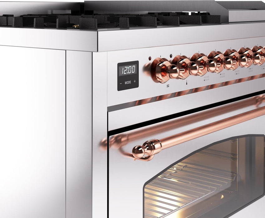 ILVE Nostalgie II 48" Dual Fuel Natural Gas Range, Stainless Steel, Copper Trim UP48FNMPSSP