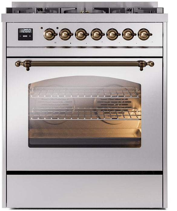 ILVE Nostalgie II 30" Dual Fuel Liquid Propane Range, Stainless Steel, Bronze Trim UP30NMPSSBLP