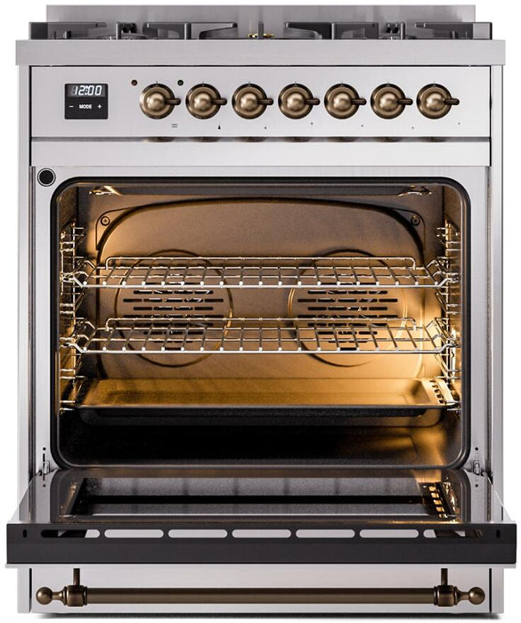 ILVE Nostalgie II 30" Dual Fuel Liquid Propane Range, Stainless Steel, Bronze Trim UP30NMPSSBLP