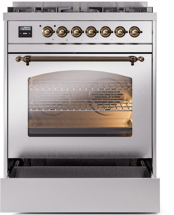 ILVE Nostalgie II 30" Dual Fuel Liquid Propane Range, Stainless Steel, Bronze Trim UP30NMPSSBLP
