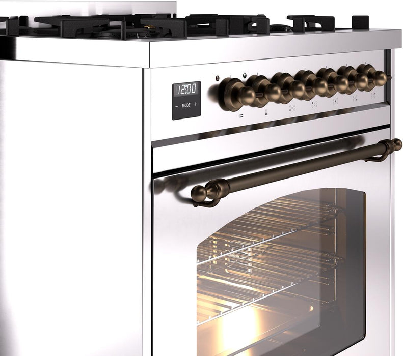 ILVE Nostalgie II 30" Dual Fuel Liquid Propane Range, Stainless Steel, Bronze Trim UP30NMPSSBLP