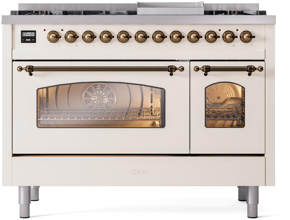 ILVE Nostalgie II 48" Dual Fuel Liquid Propane Range, Antique White, Bronze Trim UP48FNMPAWBLP