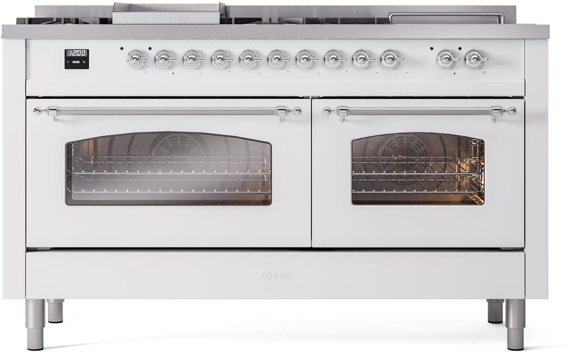 ILVE Nostalgie II 60" Dual Fuel Natural Gas Range, White, Chrome Trim UP60FSNMPWHC