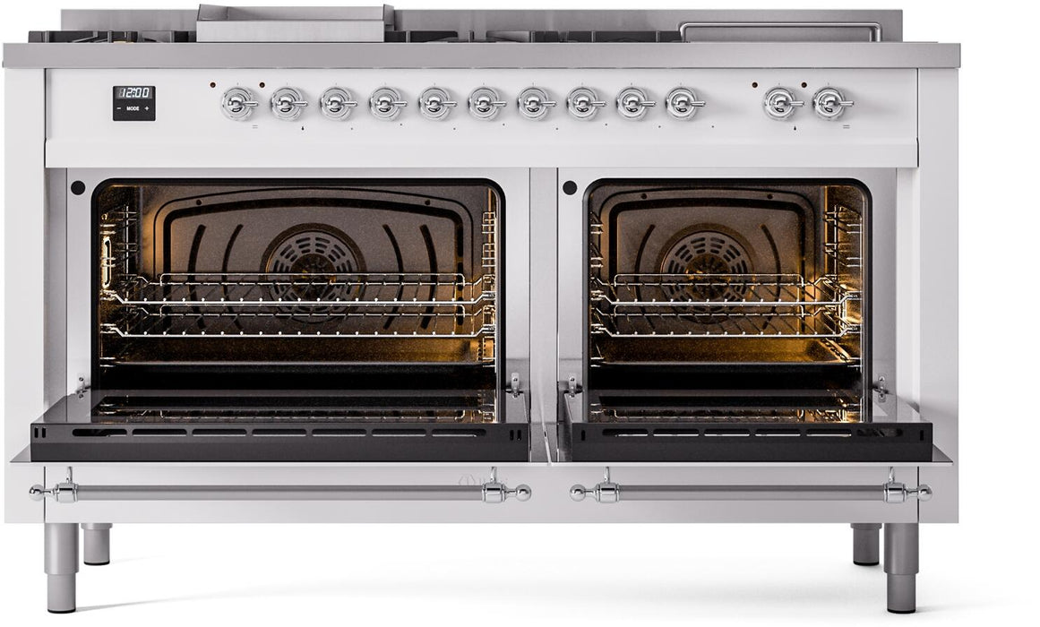 ILVE Nostalgie II 60" Dual Fuel Natural Gas Range, White, Chrome Trim UP60FSNMPWHC