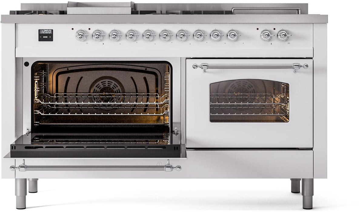 ILVE Nostalgie II 60" Dual Fuel Natural Gas Range, White, Chrome Trim UP60FSNMPWHC