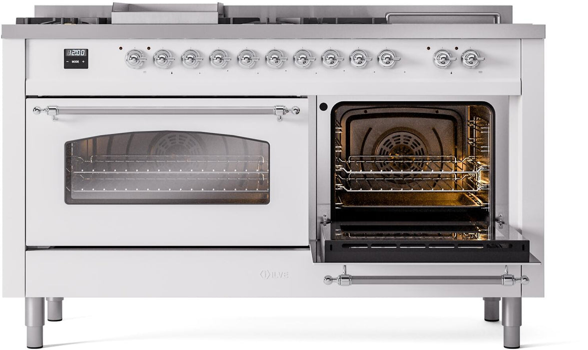 ILVE Nostalgie II 60" Dual Fuel Natural Gas Range, White, Chrome Trim UP60FSNMPWHC