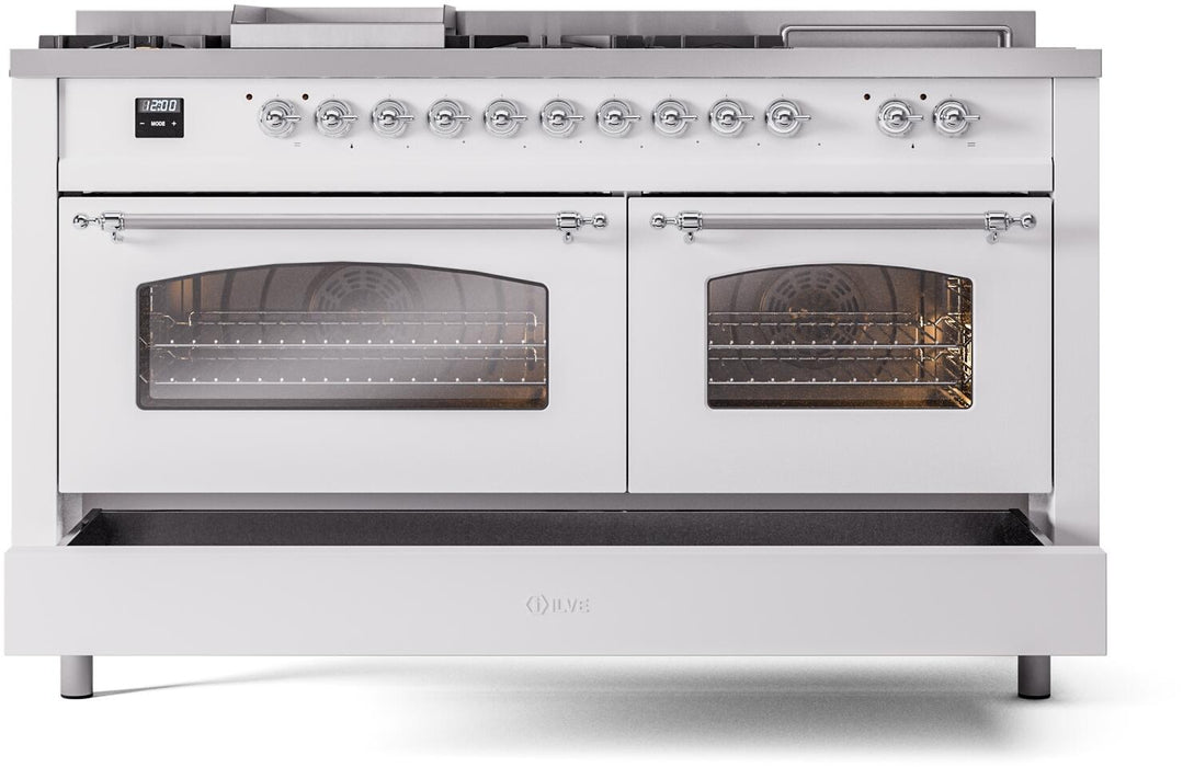 ILVE Nostalgie II 60" Dual Fuel Natural Gas Range, White, Chrome Trim UP60FSNMPWHC