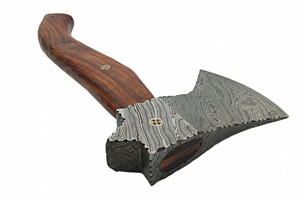 Handmade Damascus Camp Axe with Mosaic Pin and Rosewood Handle