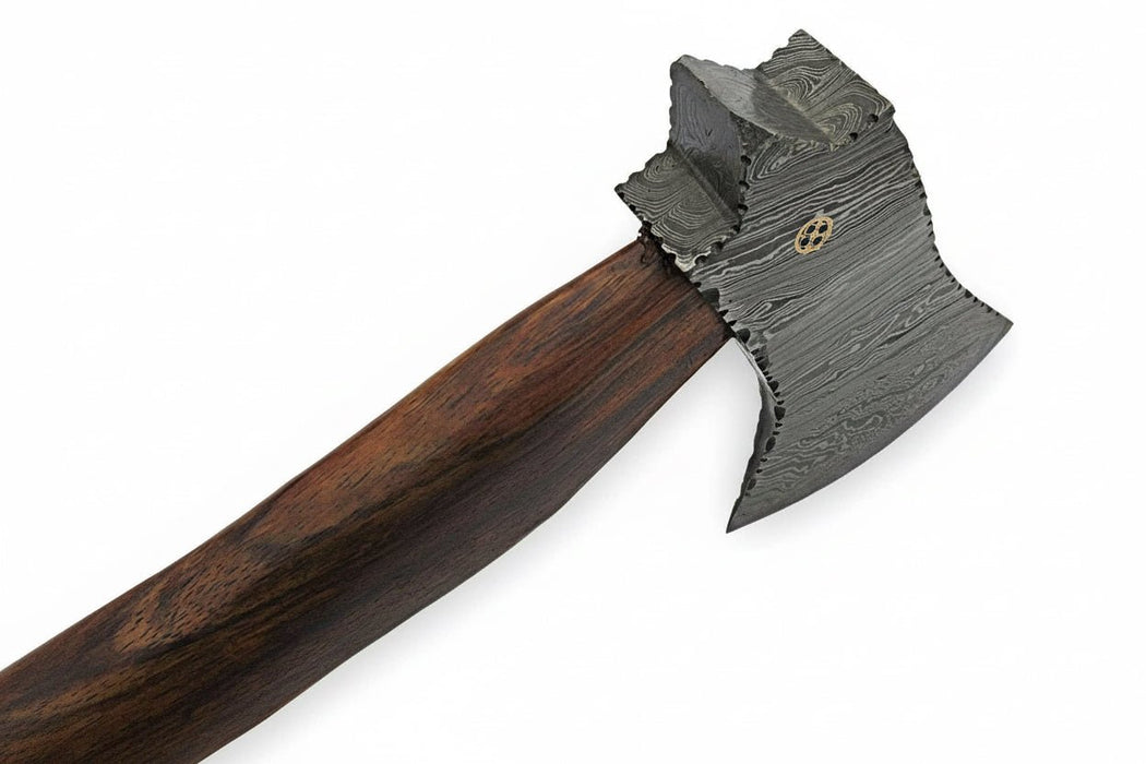 Handmade Damascus Camp Axe with Mosaic Pin and Rosewood Handle