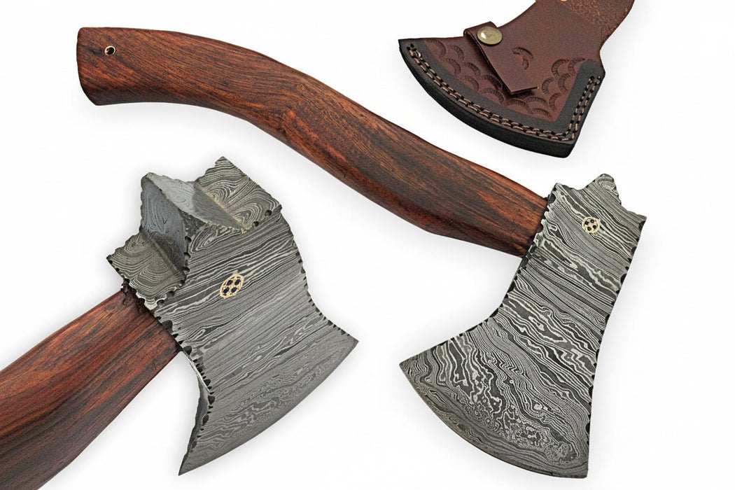 Handmade Damascus Camp Axe with Mosaic Pin and Rosewood Handle