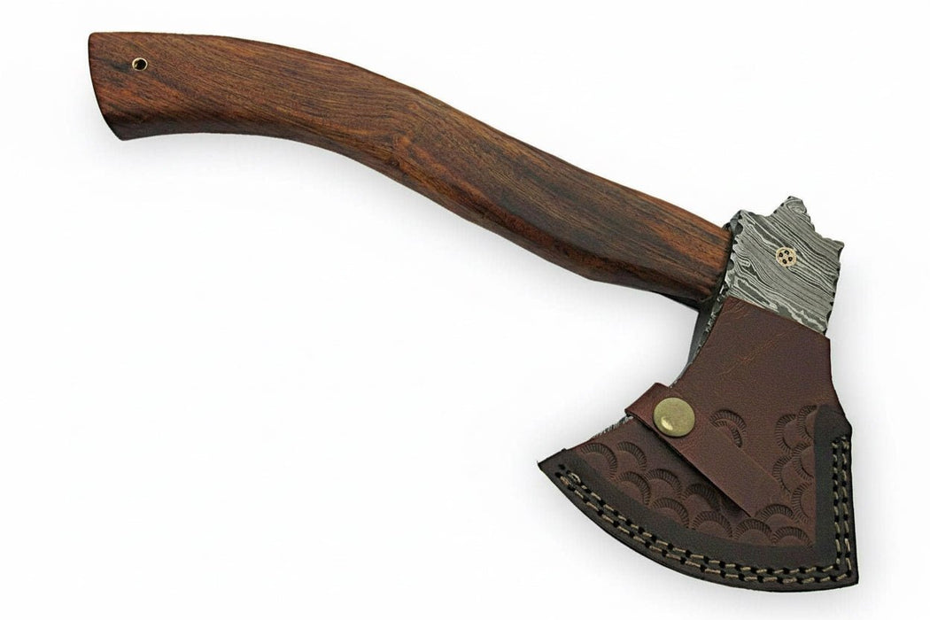 Handmade Damascus Camp Axe with Mosaic Pin and Rosewood Handle
