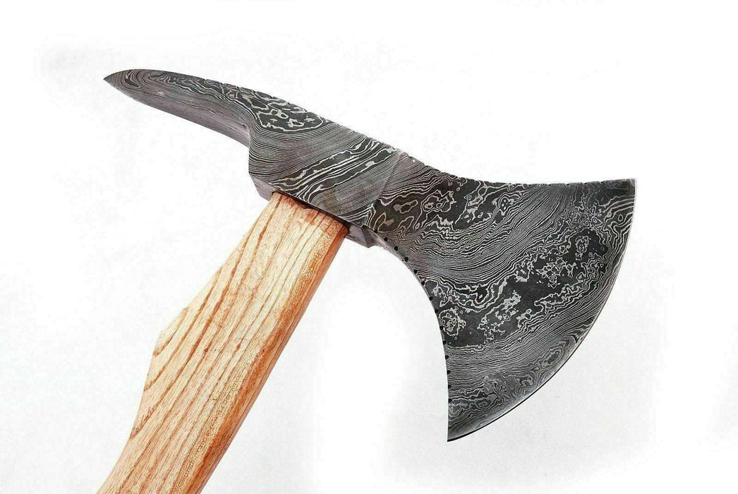 Damascus Camping Axe with 22 Inch Ash Handle – Hand Forged Bushcraft Axe with Leather Sheath | JW SteelCrafts