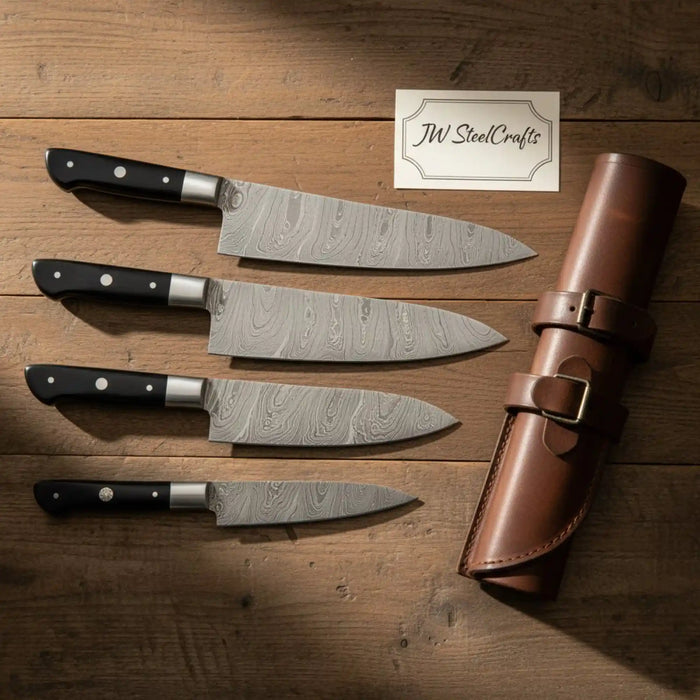 Hammer-Forged Damascus 7-Piece Carving & Slicer Knife Set — with Black Resin Handles